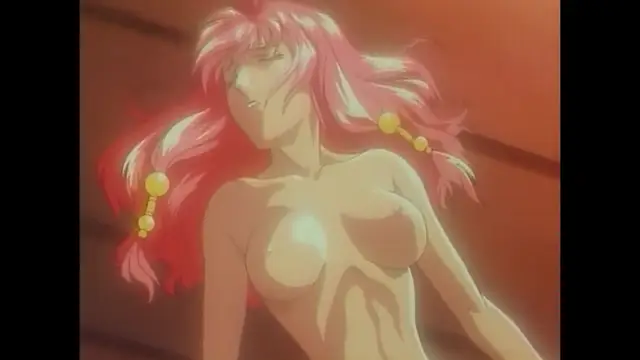 A nude anime woman with long pink hair and gold hair accessories stands in a warm, dimly lit room, looking downward with a lustful expression. Screenshot from Imma Youjo: The Erotic Temptress - Episode 2