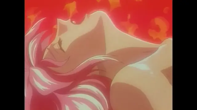 A close-up of a woman with long, flowing pink hair lying back with her eyes closed against a fiery red background. Screenshot from Imma Youjo: The Erotic Temptress - Episode 2