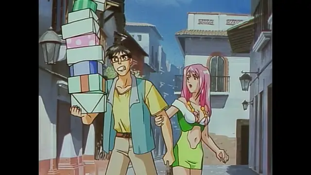 A man in a blue vest and yellow shirt carries a tall stack of wrapped presents while holding the hand of a pink-haired woman in a skimpy green outfit on a sunny village street. Screenshot from Imma Youjo: The Erotic Temptress - Episode 2