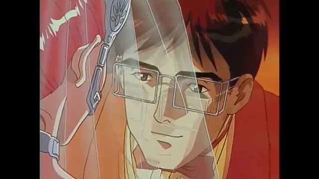 A close-up of a manga-style man with short dark hair and glasses, wearing a brown suit and a red bow tie, as he looks forward with a slight smile. Screenshot from Imma Youjo: The Erotic Temptress - Episode 2