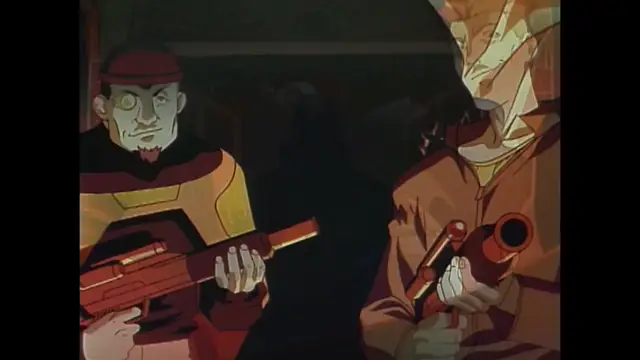Two anime men stand in a dark room holding weapons, with a dark figure standing between them. Screenshot from Imma Youjo: The Erotic Temptress - Episode 2
