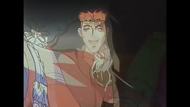 A smiling man with orange hair and a red jacket stands in a dimly lit room next to a white and blue patterned curtain. Screenshot from Imma Youjo: The Erotic Temptress - Episode 2