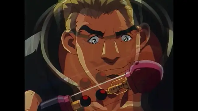 A muscular, blonde man with light blue eyes looks forward with an intense expression while holding a red and gold pipe in his mouth. Screenshot from Imma Youjo: The Erotic Temptress - Episode 2