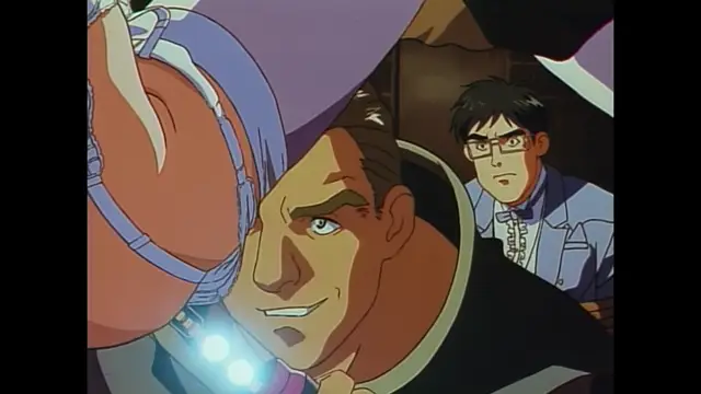 A large, muscular man with a smug expression smiles as he looks at the large breasts of a woman, while a man with glasses looks on in the background. Screenshot from Imma Youjo: The Erotic Temptress - Episode 2