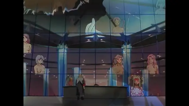 A man in a black suit stands before a reception desk in a high-end lounge where several nude women with distinct hairstyles are displayed in glass cases like exhibits. Screenshot from Imma Youjo: The Erotic Temptress - Episode 2