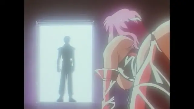 A pink-haired woman in a revealing outfit leans forward in the foreground while a man stands in a bright doorway in the background. Screenshot from Imma Youjo: The Erotic Temptress - Episode 2