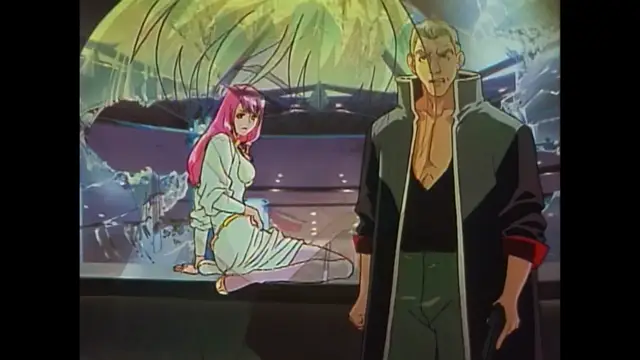 A tall man with blonde hair and a long black coat stands in the foreground looking down at a girl with long pink hair wearing a light-colored robe who sits on a table in front of a shattered glass dome. Screenshot from Imma Youjo: The Erotic Temptress - Episode 2