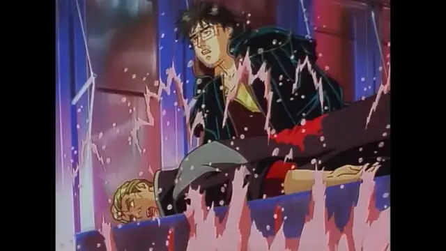 An anime man with glasses and black hair stands over a blonde woman who is lying on a seat, as red fluid splashes across them both. Screenshot from Imma Youjo: The Erotic Temptress - Episode 2