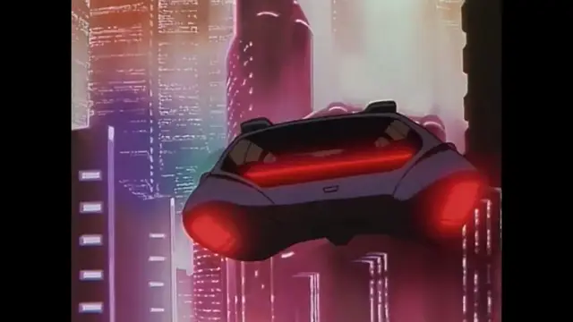 A sleek, futuristic black sports car with glowing red accents flies through a neon-lit cyberpunk cityscape at night. Screenshot from Imma Youjo: The Erotic Temptress - Episode 2