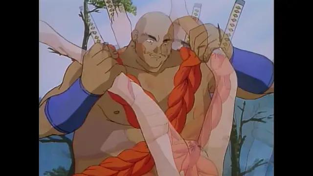 A muscular, bald man with a satisfied expression is shown from the chest up, holding a woman's long, pale limbs as they are tied around him with a thick red rope in an outdoor setting. Screenshot from Imma Youjo: The Erotic Temptress - Episode 3
