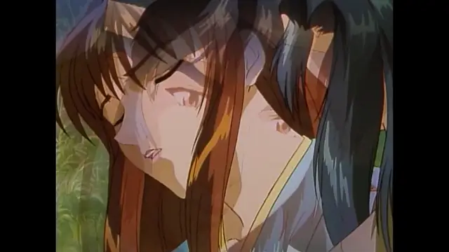 A close-up shot from an anime shows a long-haired girl and a woman with dark hair standing close together, with the girl's face partially obscured by her own hair as she looks toward the woman. Screenshot from Imma Youjo: The Erotic Temptress - Episode 3