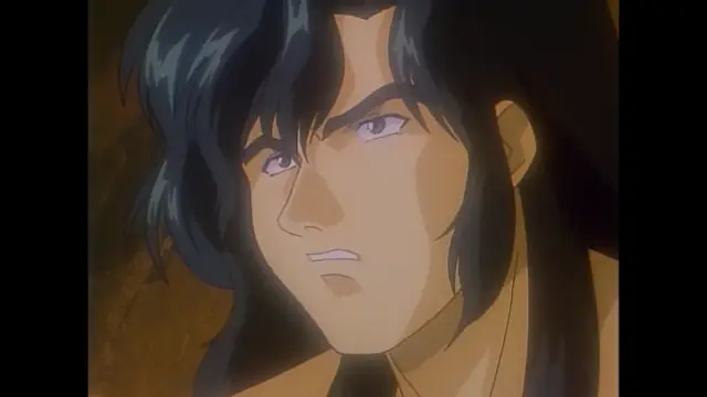 A close-up shot of a muscular man with long dark hair and a surprised expression. Screenshot from Imma Youjo: The Erotic Temptress - Episode 3