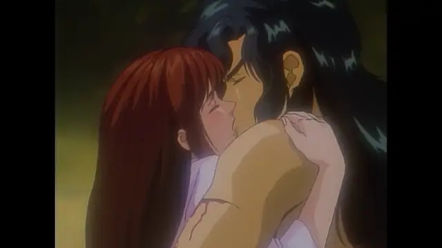 A long-haired man and a woman with red hair are shown in a close-up shot while they kiss, with his arm wrapped around her shoulder. Screenshot from Imma Youjo: The Erotic Temptress - Episode 3