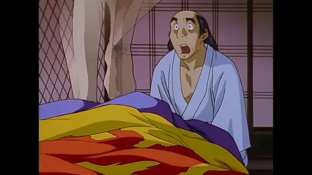 A shocked man in a light blue robe sits on the floor and watches a woman with long white hair standing near a screen, while the woman's large breasts are exposed. Screenshot from Imma Youjo: The Erotic Temptress - Episode 3