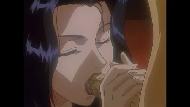 A close-up shot of an anime woman with dark hair and closed eyes as she is being orally gefllated by a male hand. Screenshot from Imma Youjo: The Erotic Temptress - Episode 3