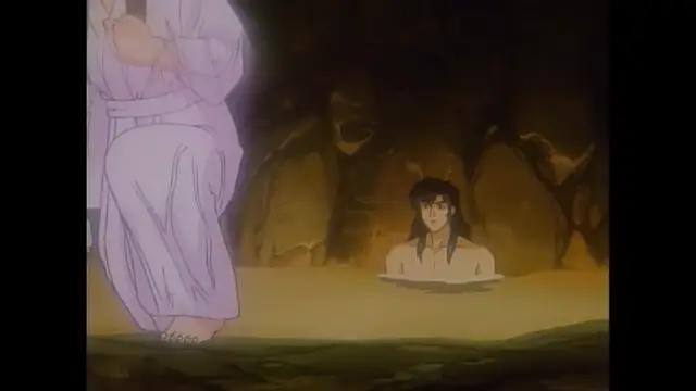 A man with long dark hair sits in an outdoor hot spring pool in a cave while another person in a white kimono stands in the foreground. Screenshot from Imma Youjo: The Erotic Temptress - Episode 3