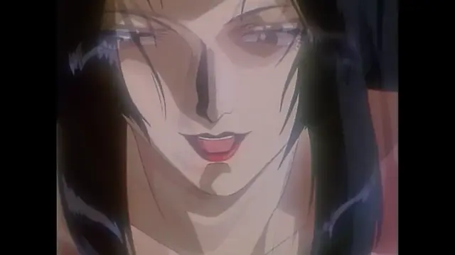 A close-up shot of an anime woman with long black hair and red lips looking towards the camera with a seductive expression. Screenshot from Imma Youjo: The Erotic Temptress - Episode 3