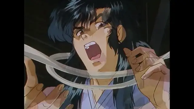 A distressed anime woman with long dark hair and a shocked expression yells while being bound by white ropes. Screenshot from Imma Youjo: The Erotic Temptress - Episode 3