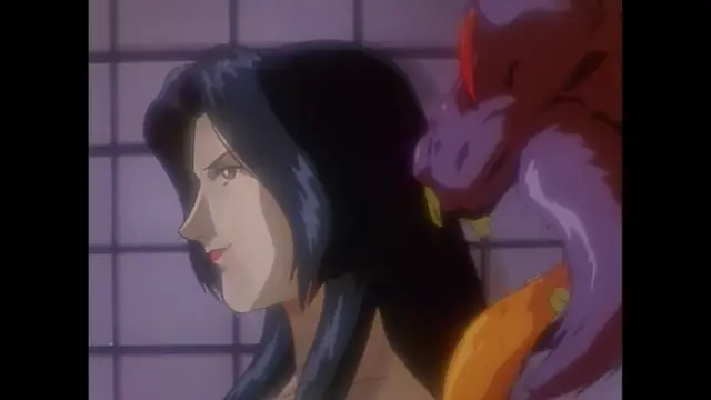 A woman with long dark hair and a slight smile stands next to a large, red dragon-like creature in a room with a grid-patterned wall. Screenshot from Imma Youjo: The Erotic Temptress - Episode 3