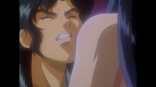 A man with long dark hair and a strained expression looks at a woman's bare leg as he grinds against her. Screenshot from Imma Youjo: The Erotic Temptress - Episode 3