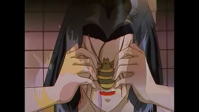 A close-up of an anime girl with long dark hair having her eyes covered by a pair of hands while a bee is held in front of her face. Screenshot from Imma Youjo: The Erotic Temptress - Episode 3