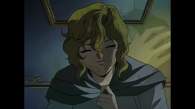 A blonde woman with closed eyes and a slight smile wears a blue cloak while holding a glass of wine in an anime-style scene. Screenshot from Imma Youjo: The Erotic Temptress - Episode 4