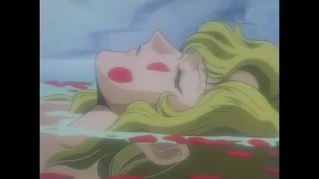A blonde-haired woman with closed eyes lies face-up in a pool of red liquid, with her body partially submerged as she appears to be unconscious or deceased. Screenshot from Imma Youjo: The Erotic Temptress - Episode 4