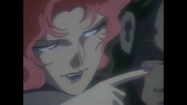 A blonde woman with red hair and a seductive expression points a finger at the face of a man who is lying down. Screenshot from Imma Youjo: The Erotic Temptress - Episode 4
