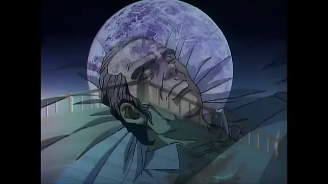 An anime-style illustration shows a distressed-looking man with tears streaming down his face, lying horizontally with his head tilted back against a backdrop featuring a large, glowing moon and a cityscape at night. Screenshot from Imma Youjo: The Erotic Temptress - Episode 4