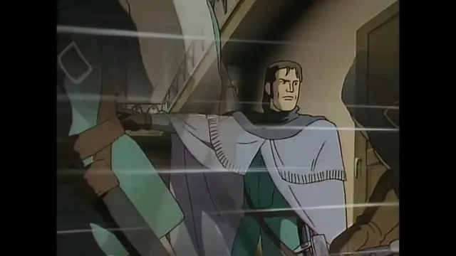 A man with dark hair and a goatee, wearing a green suit and a white fringed cape, stands in a high-tech interior while reaching out towards a tall, slender figure in a light-colored garment. Screenshot from Imma Youjo: The Erotic Temptress - Episode 4