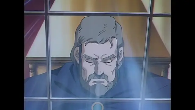 A distressed-looking bearded man in a blue cape sits before a large window, looking out with a sorrowful expression. Screenshot from Imma Youjo: The Erotic Temptress - Episode 4