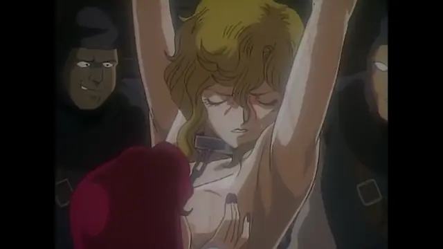 A blonde woman with a distressed expression is held with her arms raised while being confronted by a man in a red hood and several shadowy figures in hoods. Screenshot from Imma Youjo: The Erotic Temptress - Episode 4