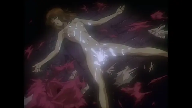 A nude anime girl with long hair lies on the ground amidst broken glass and red petals, looking down with a distressed expression. Screenshot from Imma Youjo: The Erotic Temptress - Episode 4