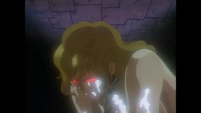 A sweaty, shirtless man with blonde hair and glowing red eyes looks intensely toward the viewer from a dark, stone-walled room. Screenshot from Imma Youjo: The Erotic Temptress - Episode 4