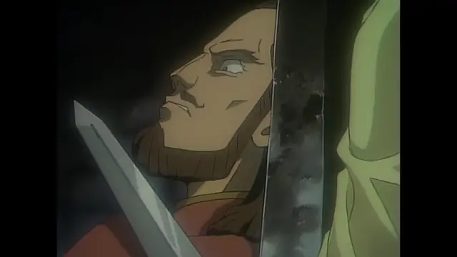 A bearded man in red and gold armor holds a sword as he looks intensely at a figure behind a shattered glass pane. Screenshot from Imma Youjo: The Erotic Temptress - Episode 4