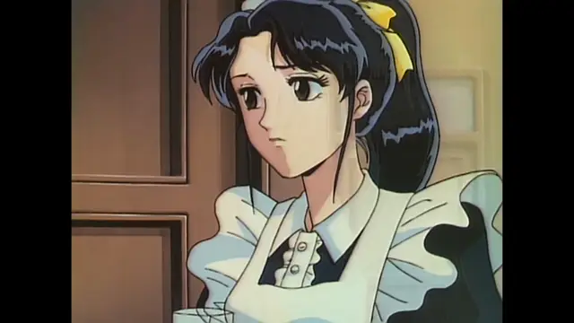 A maid with dark hair and a yellow ribbon in her ponytail wears a white frilled apron over a black and white uniform while looking down with a somber expression. Screenshot from Imma Youjo: The Erotic Temptress - Episode 5