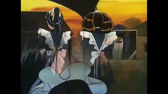 Two girls in revealing outfits and large white ruffles stand in front of a house at sunset, while a man in a hat is visible in a window to the right. Screenshot from Imma Youjo: The Erotic Temptress - Episode 5