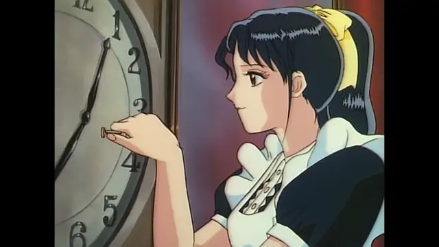 A young woman with black hair tied in a yellow bow and wearing a white and black maid outfit stares at a large wall clock while holding a small gold key. Screenshot from Imma Youjo: The Erotic Temptress - Episode 5