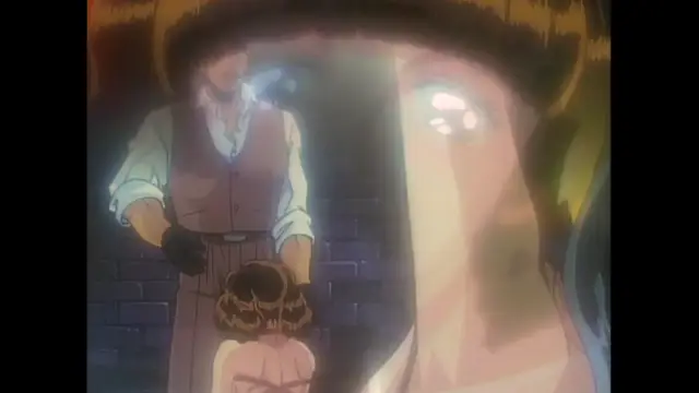 A man in a vest and trousers stands behind a crying woman in a white dress who is kneeling on the floor while holding a smaller, blonde girl with her back turned, set against a brick wall. Screenshot from Imma Youjo: The Erotic Temptress - Episode 5