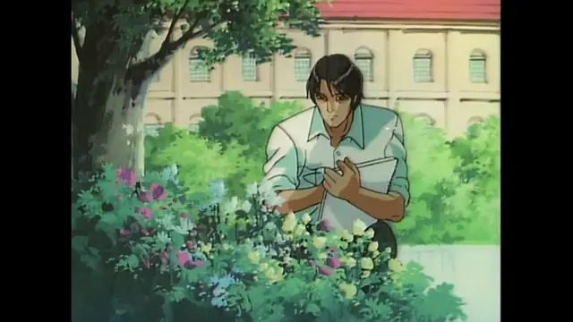 A young man with dark hair and a short-sleeved button-down shirt sits on a bench in a garden, looking down at a piece of paper he is holding in his hands. Screenshot from Imma Youjo: The Erotic Temptress - Episode 5
