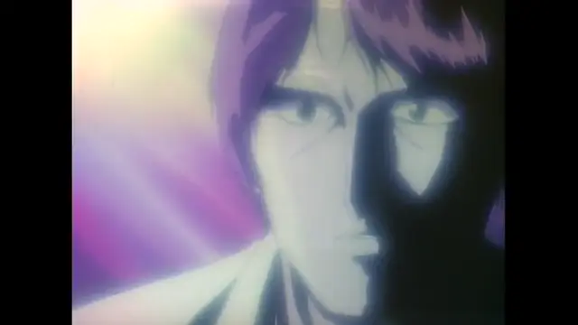A close-up shot of a young male character with purple hair and a serious expression, his face partially obscured by a dark shadow. Screenshot from Imma Youjo: The Erotic Temptress - Episode 5