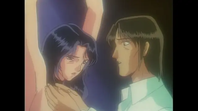 A man with brown hair and a white shirt stands before a crying woman with long black hair whose arms are raised as he holds her shoulders. Screenshot from Imma Youjo: The Erotic Temptress - Episode 5