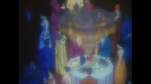 In a dimly lit banquet hall, several people in formal attire gather around a table laden with food under a large chandelier, while a woman in a yellow gown stands nearby. Screenshot from Imma Youjo: The Erotic Temptress - Episode 5