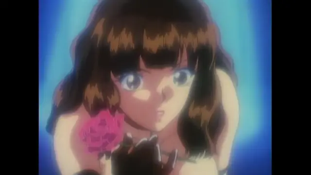 A brown-haired anime girl with large blue eyes and a surprised expression holds a pink rose while wearing a black glove, set against a glowing blue background. Screenshot from Imma Youjo: The Erotic Temptress - Episode 5