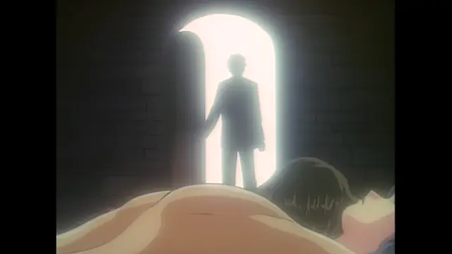 A man stands in a brightly lit doorway, looking down at a nude woman lying on the floor in a dark room. Screenshot from Imma Youjo: The Erotic Temptress - Episode 5
