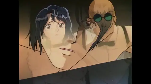 A shocked anime girl with blue hair looks to her left at a muscular, bald man wearing sunglasses and a facial mask. Screenshot from Imma Youjo: The Erotic Temptress - Episode 5