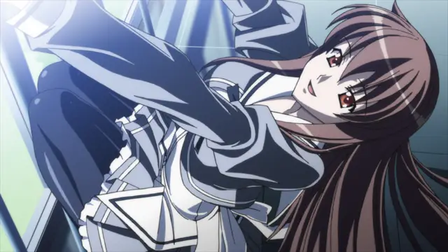A long-haired anime girl in a maid outfit lies on her back with her arms raised above her head and a dazed, ecstatic expression on her face. Screenshot from Aki Sora: In a Dream - Episode 1