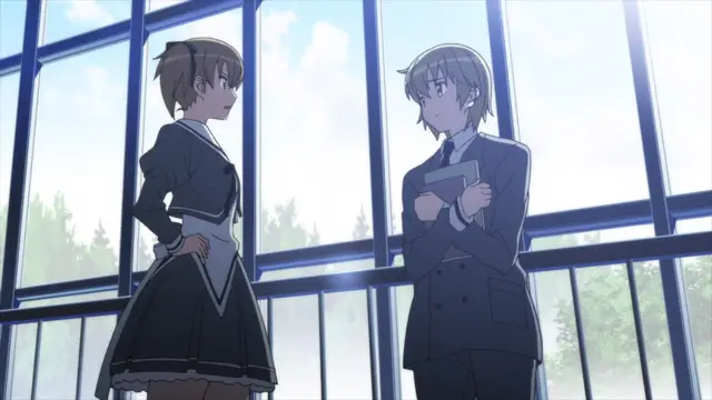 A male student in a school uniform holds a notebook while looking surprised at a female student in a school uniform who stands with her hand on her hip. Screenshot from Aki Sora: In a Dream - Episode 1
