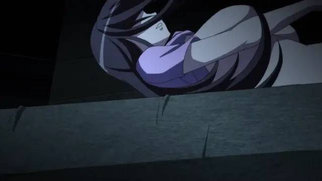 An anime girl with long dark hair leans over a surface while pressing her purple breasts against it. Screenshot from Aki Sora: In a Dream - Episode 1