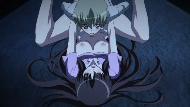 A light-skinned anime girl with short green hair and purple eyes looks down with a blank expression at a dark-haired girl lying face down on the ground, while her large white breasts are pushed forward by the weight of the woman above her. Screenshot from Aki Sora: In a Dream - Episode 1